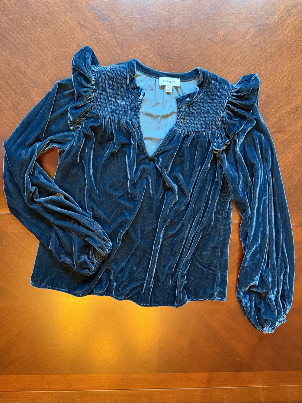 Evereve Navy Velvet Smocked Ruffle Long Sleeve Top